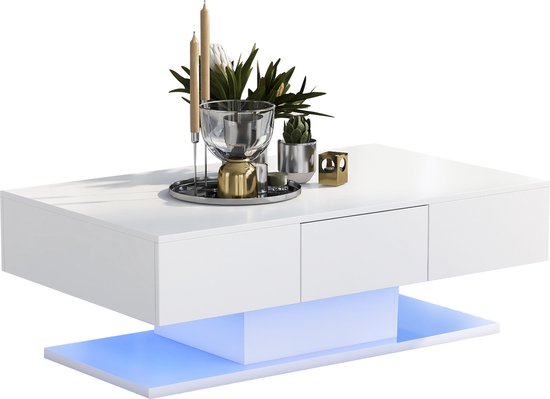 Table basse Sweiko à 2 tiroirs, table basse moderne brillante dans le salon, avec tiroirs blancs, table basse éclairée par LED , 100*60*35 cm, Wit