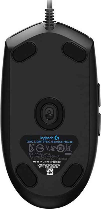 Onderkant van de Logitech G102 LIGHTSYNC gamingmuis met productinformatie.