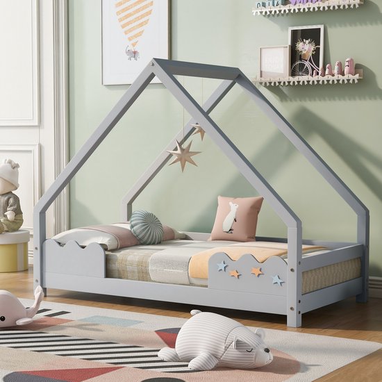 Sweiko Lit House, lit d'enfant, 80x160cm avec protection antichute, lit de jeu lit d'enfant en bois massif en Grijs