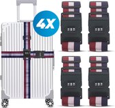 Sangle de valise avec serrure à combinaison et étiquette de valise - 4 pièces - Ajustable - Sangle de bagage - 200 centimètres - Sécurité Extra - Voyages - Nederland - Rouge / Wit/ Blauw