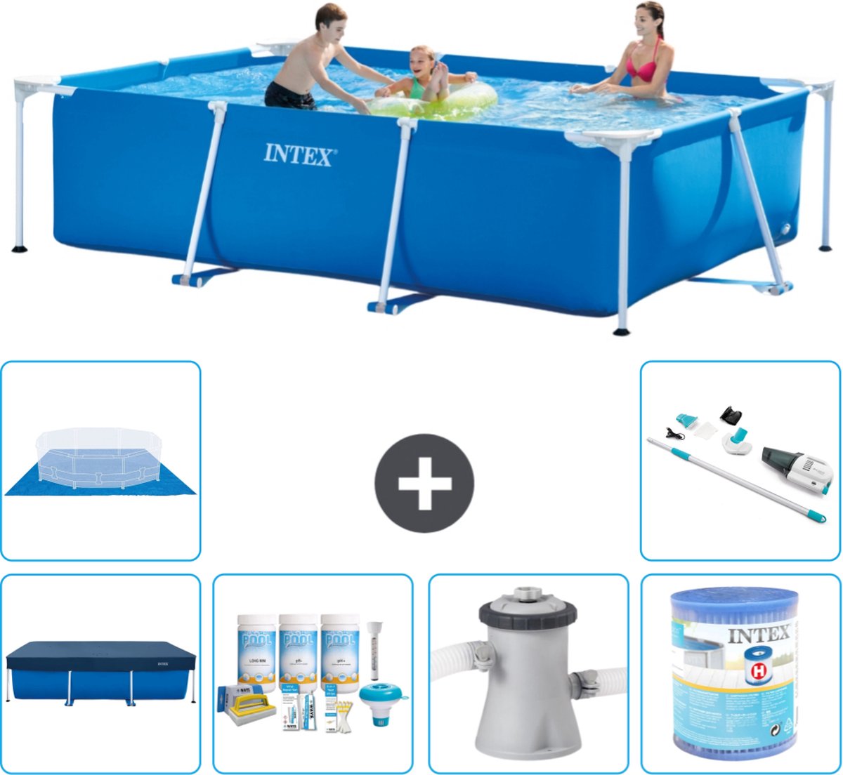 Intex Rechthoekig Frame Zwembad - 300 x 200 x 75 cm - Blauw - Inclusief Afdekzeil - Onderhoudspakket - Zwembadfilterpomp - Filter - Grondzeil - Stofzuiger - 7-delig