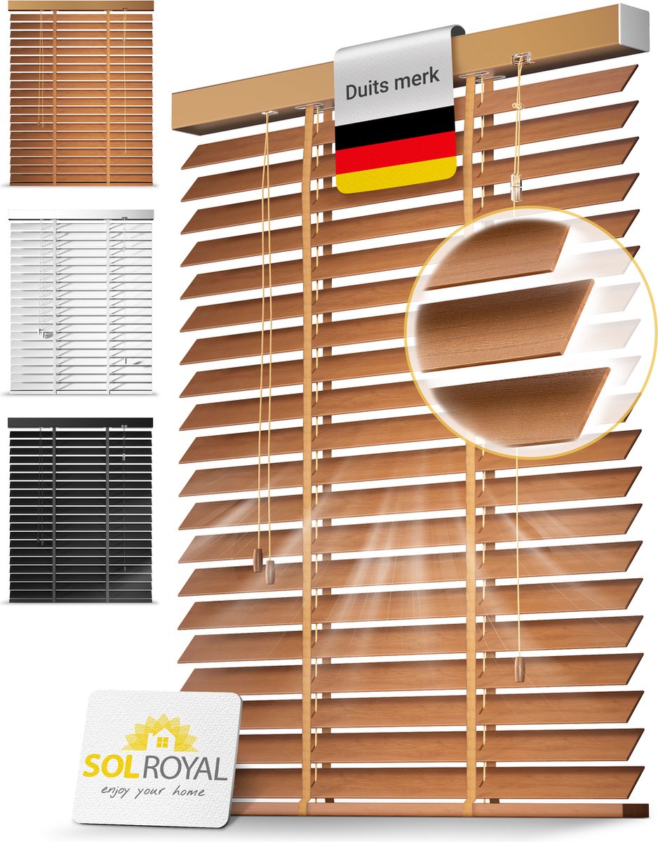 Sol Royal BE5 â€“ Houten Jaloezieen Eikenhout 50 mm Lamellen Extra Breed â€“ 140x180 cm â€“ Eenvoudige Montage aan Muur & Plafond â€“ Echt Hout â€“ Rolgordijn Raam & Deur
