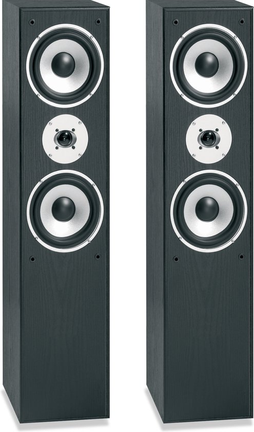 Set van twee zwarte houten vloerstaande luidsprekers met zilverkleurige drivers.