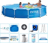 Intex Rond Frame Zwembad - 366 x 76 cm - Blauw - Inclusief Afdekzeil - Onderhoudspakket - Zwembadfilterpomp - Filter - Grondzeil - Schoonmaakset - Ladder - Voetenbad - Warmtepomp