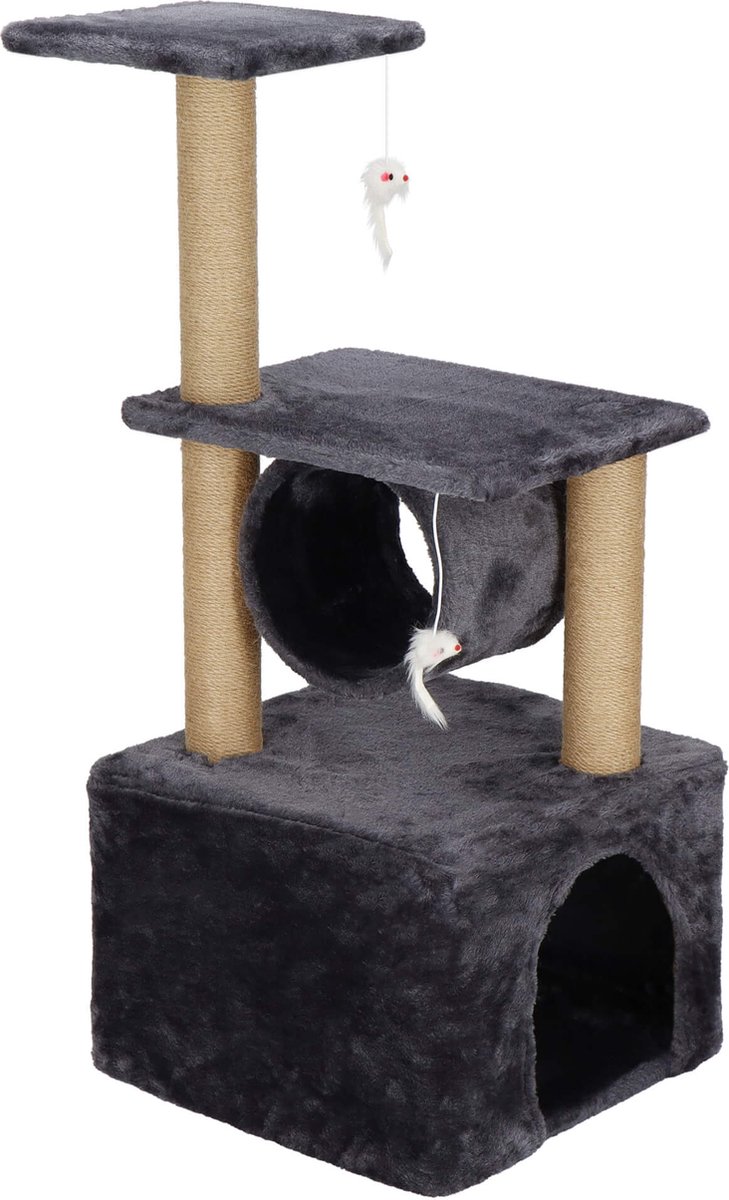 Springos Krabpaal - 3 Etages - Voor Katten - Toren - Meubelbescherming - 31 x 31 x 62 cm - Grijs/ Beige