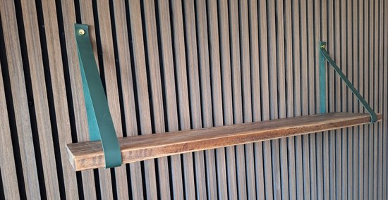 Hoexs - Mango Hout 70 cm - Leren Plankdragers Groen - Vintage Wandplank