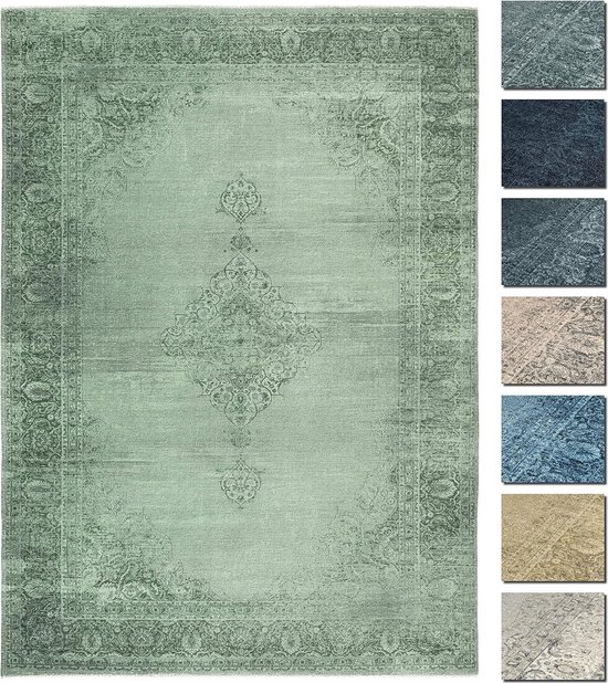 Vintage tapijt, loper, groen, 80 x 145 cm, wasbaar, boho-tapijt, super zacht, modern laagpolig tapijt