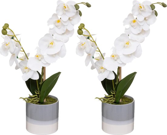 Atmosphera Orchidee bloemen kunstplant in sierlijke grijze bloempot - 2x - witte bloemen - H45 cm