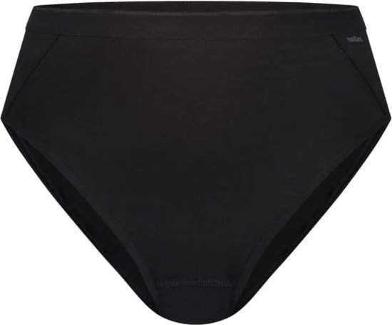 Zwarte damesbroek met hoge taille en hoge beenuitsnijding, van stretchkatoen.