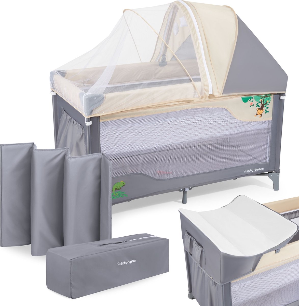 Bol.com Moby-System Campingbedje - Reisbedje baby - met matras commode bodemverhoger en Klamboe - inklapbare box aanbieding
