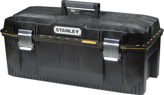 Zwarte Stanley FatMax gereedschapskoffer met deksel gesloten, met gele accenten.