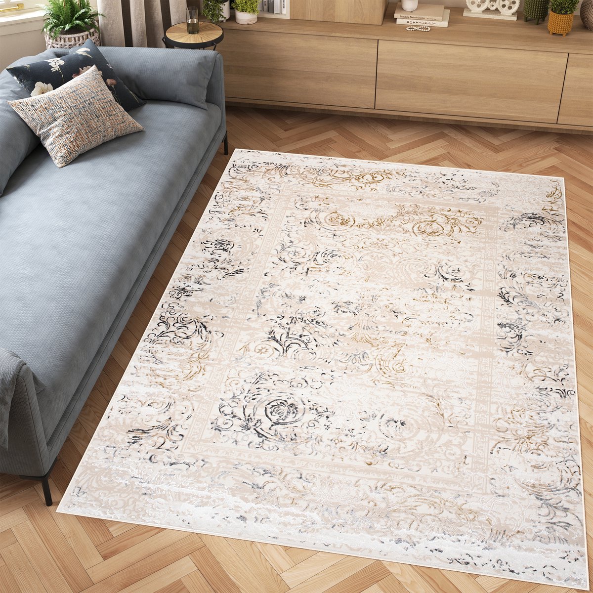 Tapiso Hera Vloerkleed Beige Woonkamer Bloemen Gezaagd Tapijt Maat- 120x170 Lichtbeige 3