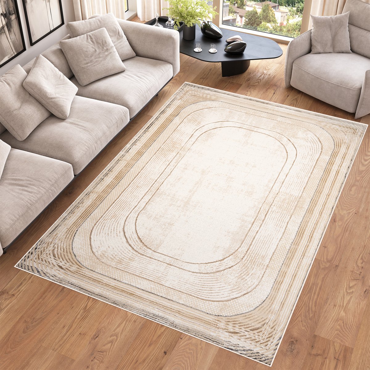 Tapiso Hera Vloerkleed Beige Laagpolig Woonkamer Lijnen Tapijt Maat- 200x300