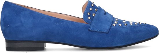 Manfield - Dames - Blauwe suède loafers met goudkleurige studs - Maat 37