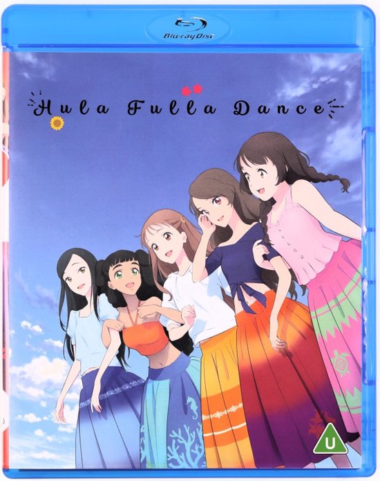 Vijf anime-meisjes met hula-jurken in pastelkleuren en patronen, met de tekst 'Hula Fulla Dance' aan de bovenkant.