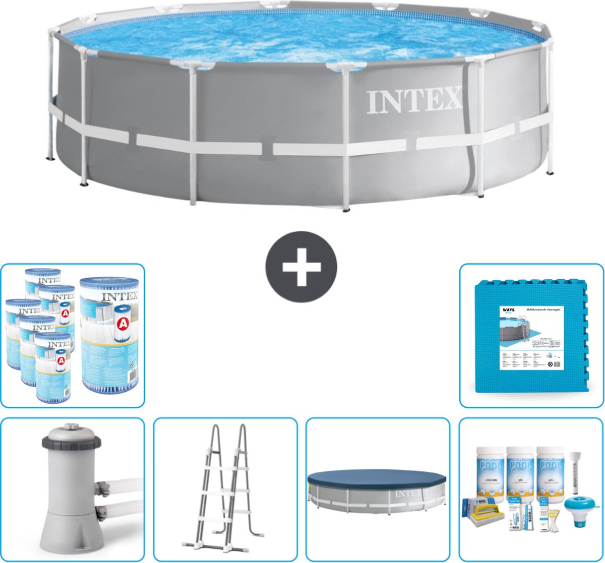 Intex Prism Frame Intex Rond Prism Frame Zwembad 366 x 99 cm Grijs Inclusief Pomp Ladder Afdekzeil Onderhoudspakket Filters Vloertegels
