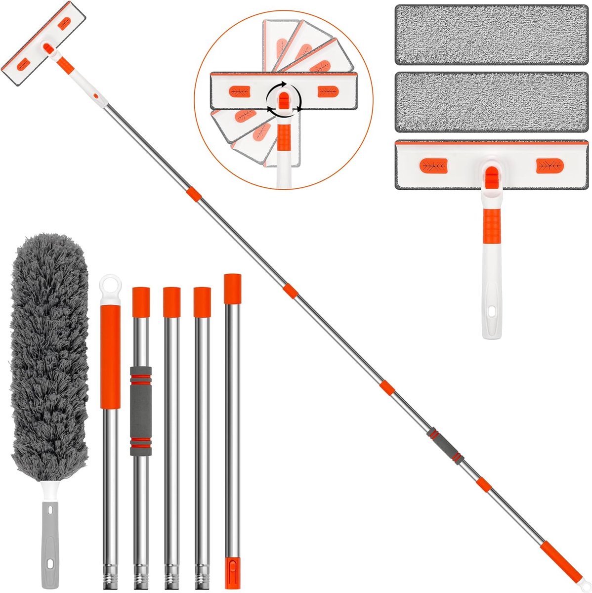 Goedkoopste Raamwisser met telescoopsteel - 2 in 1 telescoopstang raamreiniger, raamreiniger 180° draaikop van 29 tot 210 cm, raamreiniger stofdoek voor hoge raamtegels