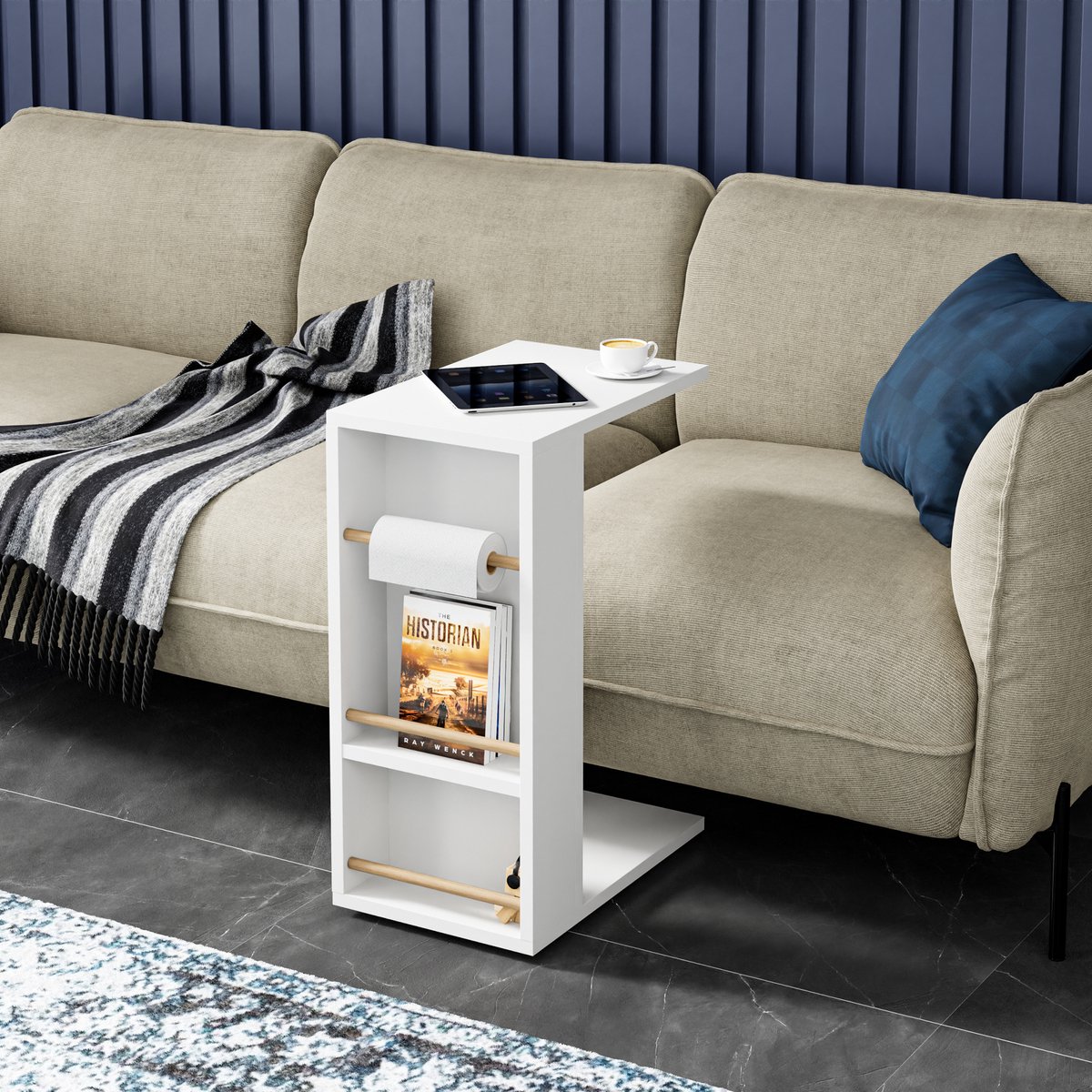 en.casa Bijzettafel Siikainen laptoptafel met horizontale spijlen en wielen 44x29x65 cm wit