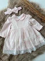 robe de luxe avec bandeau-robe avec broderie et manches longues-mariage-séance photo-anniversaire-baptême-fleurs brodées-couleur rose clair-coton-4-6 mois taille 68