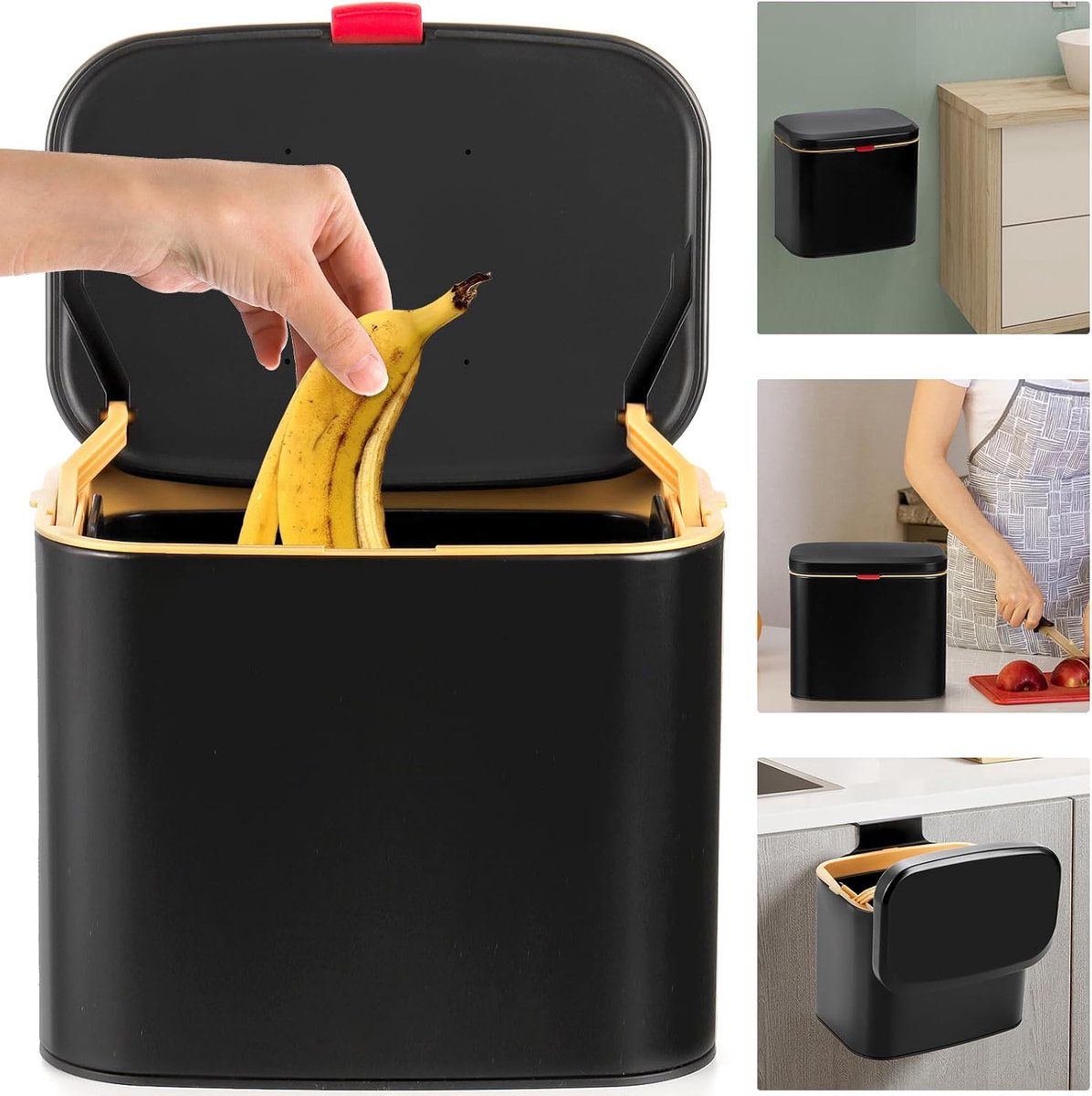 Goedkoopste hangende keukencompostbak met deksel 4L verwijderbare roestvrijstalen prullenbak kleine keukenprullenbak voor aanrechtkast onder gootsteen zwart