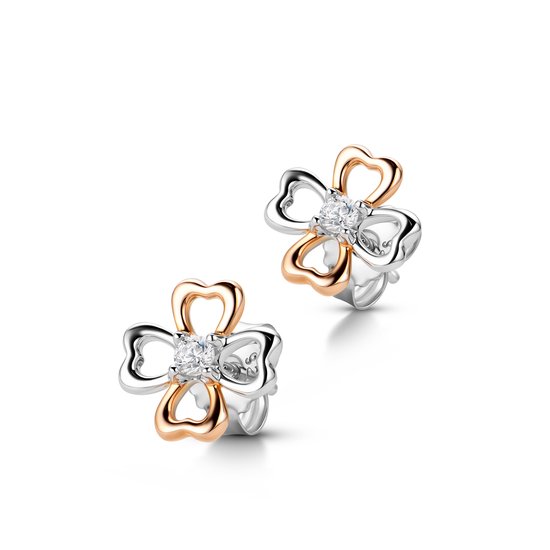 Miore® - Boucles Boucles d'oreilles Trèfle en Or Rose et Argent Ornées de Zircons - Femme - Plaqué Or 18 Goud - Rose - Argent Sterling 925 - Dual - Trèfle - Zircone Cubique - Sans Allergène - Puces - Bijoux Main de Haute Qualité