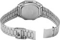 Achterkant van een zilverkleurig Casio horloge met open metalen band en gesp.