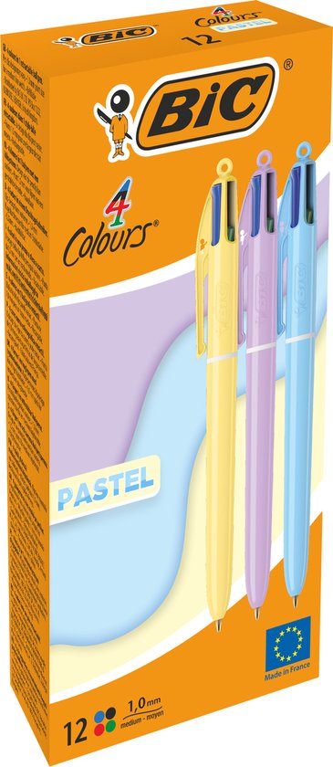 BIC 4 Kleuren Pastel Balpen - Verschillende kleuren - Doos met 12 stuks - Medium Punt 1 mm