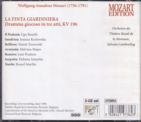 Achterkant CD hoes van Mozart's La Finta Giardiniera, met cast en opname details.