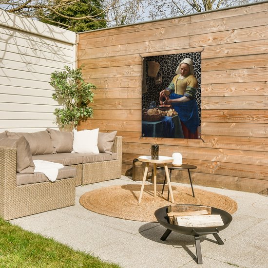 Tableau de jardin Melkmeisje - Art - Imprimé panthère - Vermeer - Peinture - Maîtres anciens - 60x80 cm - Affiche de jardin - Toile de jardin - Affiche d'extérieur