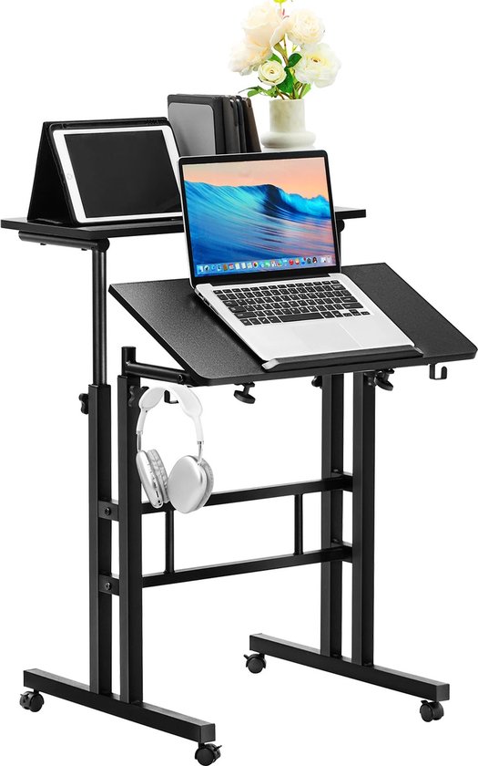 Vevor Laptoptafel - 3 Delig Blad - Bureau - In Hoogte Verstelbaar - Met PC Basis - Kantelbaar Blad - Op wieltjes - Zwart