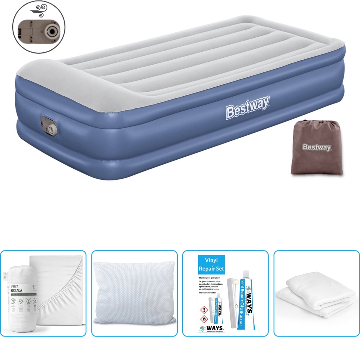 Bestway luchtbed - 1-Persoons - 97 x 191 x 46 cm - Grijs/Blauw - Inclusief pomp - Hoeslaken - Kussen - Kussenbeschermer en Reparatieset