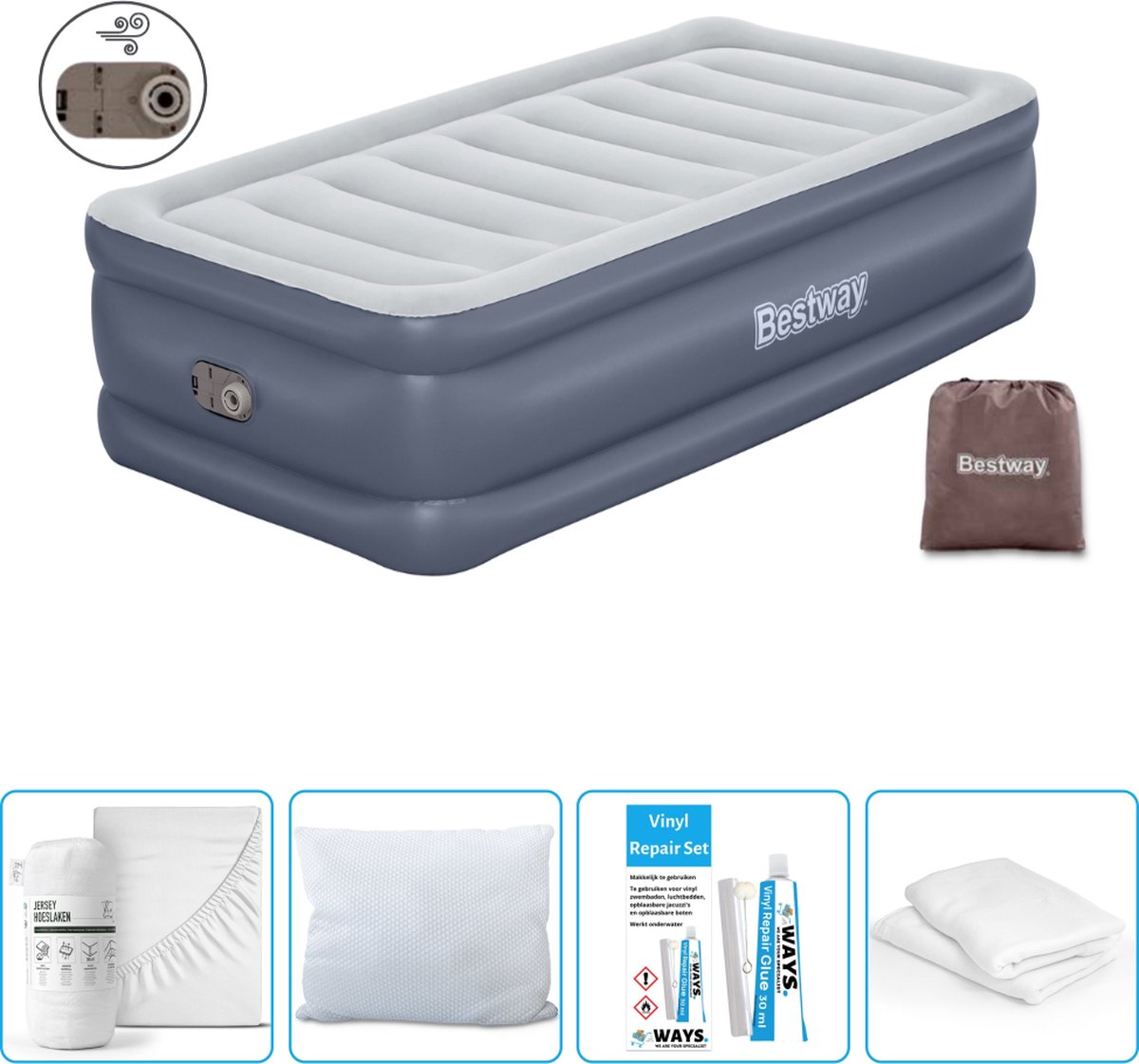 Bestway luchtbed - 1-Persoons - 97 x 191 x 51 cm - Grijs - Inclusief pomp - Hoeslaken - Kussen - Kussenbeschermer en Reparatieset