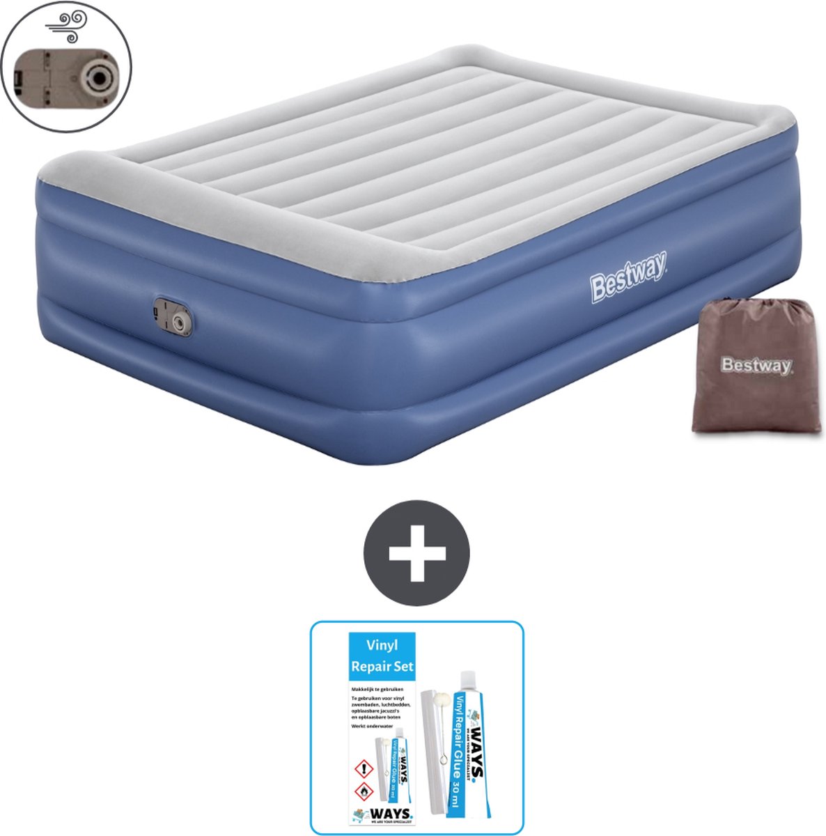 Bestway luchtbed - 2-Persoons - 152 x 203 x 56 cm - Grijs/Blauw - Inclusief pomp - Reparatieset