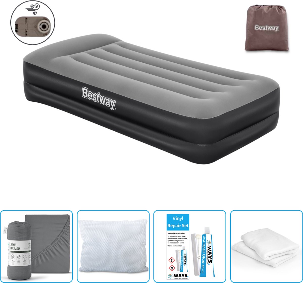 Bestway luchtbed - 1-Persoons - 97 x 191 x 46 cm - Grijs - Inclusief pomp - Hoeslaken - Kussen - Kussenbeschermer en Reparatieset