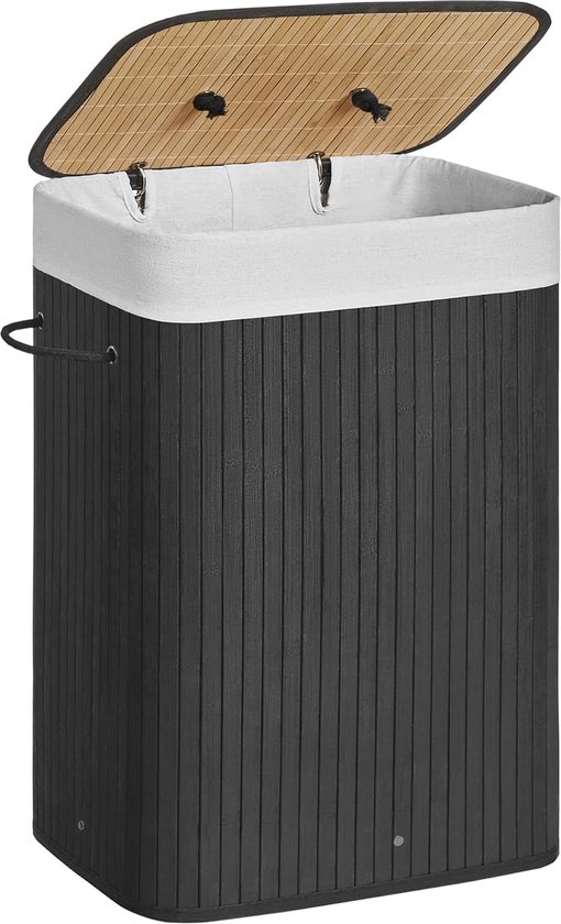 SONGMICS Bamboe wasmand, opvouwbare wasbak met deksel en uitneembare katoenen waszak, 72 L wasbox, waskist, 40 x 30 x 60 cm, zwart LCB10B