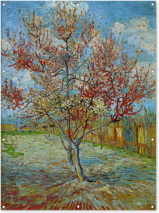 Muurdecoratie buiten De roze perzikboom - Vincent van Gogh - 120x160 cm - Tuindoek - Buitenposter