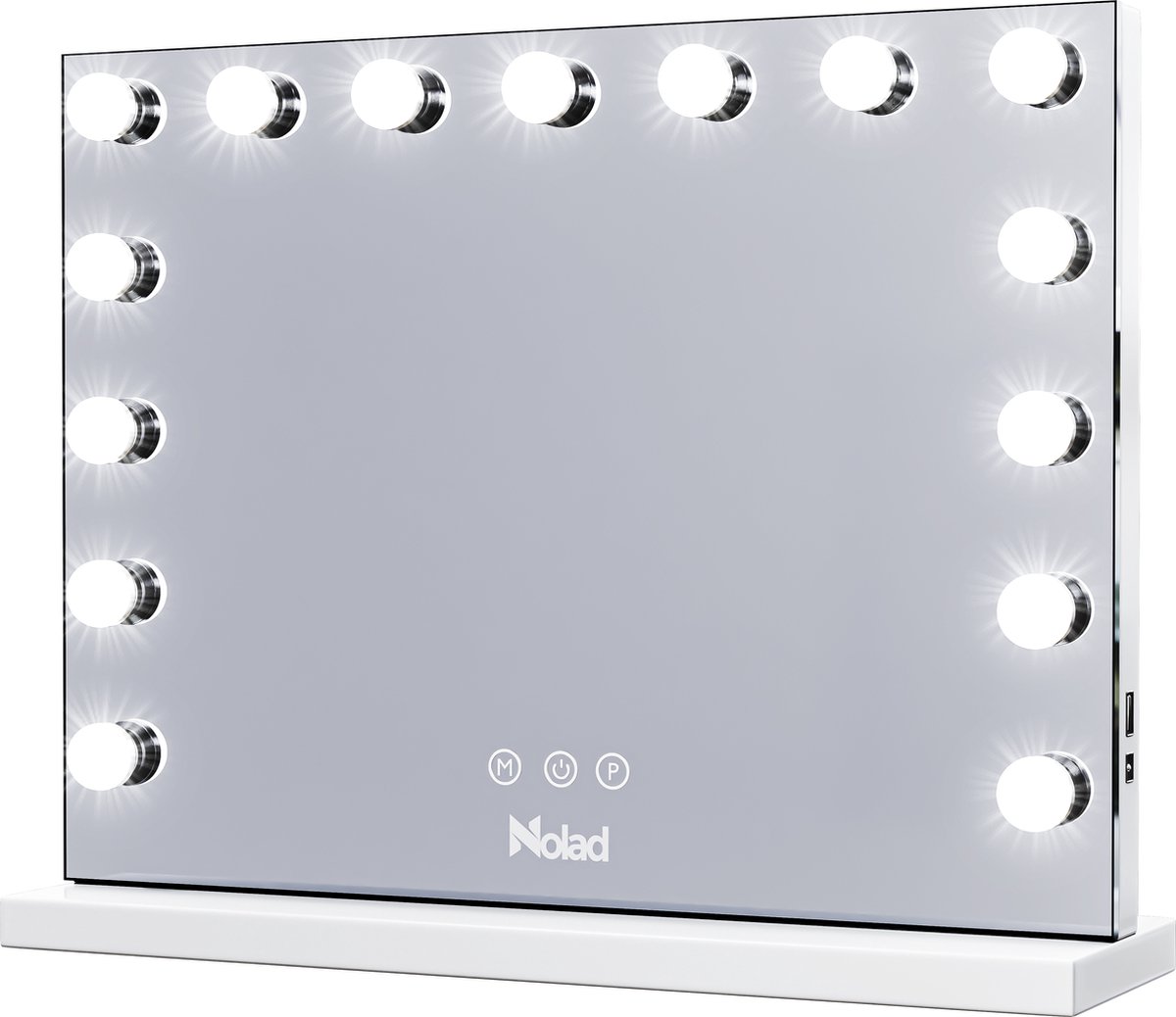 Nolad® - XXL Hollywood spiegel met verlichting - 80 x 60 cm - Make up spiegel met verlichting - Telefoon oplader - Dimbaar/3 lichtstanden - Inc 10x vergrotingsspiegel - Wit