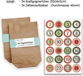 DIY adventskalender om te vullen - met 24 bruine papieren zakjes en 24 rood-groene stickers - voor DIY en knutselen - Miniset Nr 17 - Kerstmis 2021 voor kinderen