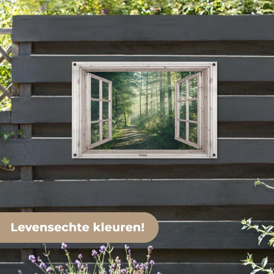 Open raam met uitzicht op een bosrijk pad met zonnestralen. Tekst: Levensechte kleuren!