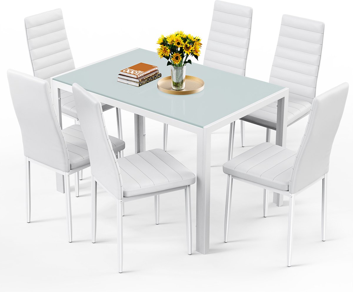 Bealife TB41D Eettafel met 6 Stoelen Set- Eettafel en Stoelen voor 6 Personen- Set met Eettafel en Stoelen voor Keuken-Eetkamer en Woonkamer -120x75x70cm-Wit