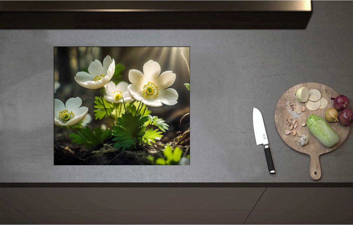 Inductieplaat Beschermer - Anemoon Bloemen in Bos met Zonnestralen - 58x51 cm - 2 mm Dik - Inductie Beschermer - Bescherming Inductiekookplaat - Kookplaat Beschermer van Wit Vinyl