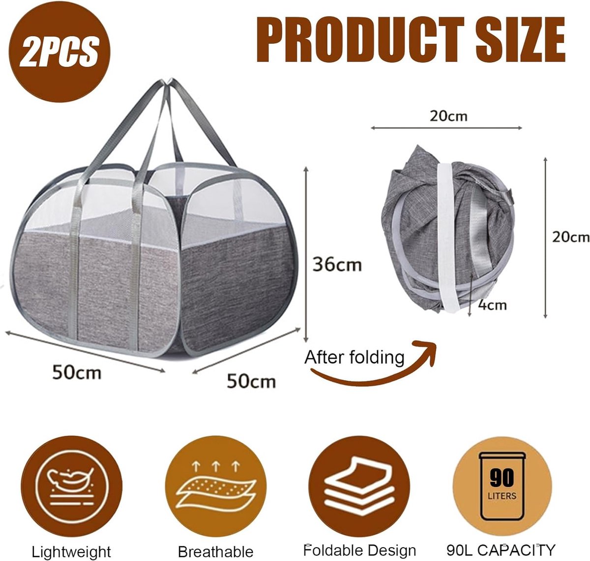 Panier à Linge Pliable 90L - Lot De 2, Gris, Avec Poignée Et Poches Latérales, Pour Rangement Et Voyage