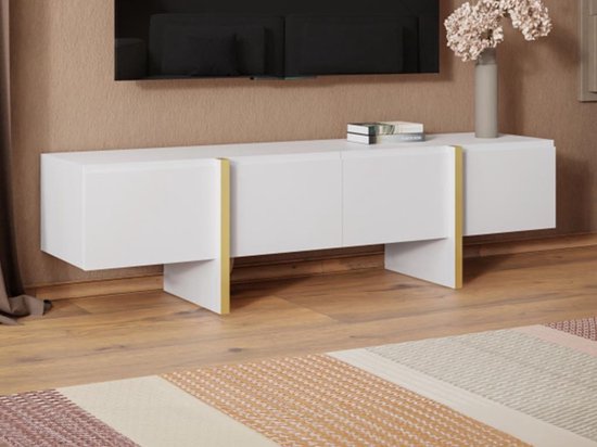 Hangend tv-meubel met 4 deuren van mdf - Wit en goud - LUVONIA L 180 cm x H 50 cm x D 45 cm