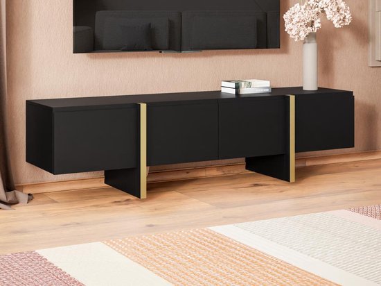 Tv-meubel met 4 deuren van mdf - Zwart en goud - LUVONIA L 180 cm x H 50 cm x D 45 cm