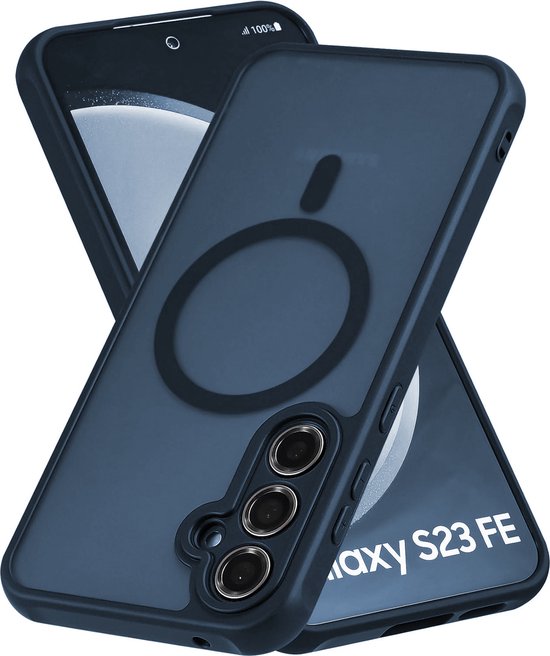 Deux coques de téléphone bleues avec dos en verre dépoli et anneau MagSafe, empilées.