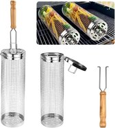 2 stuks rollende grillmanden, roestvrij staal, nestend, rollende grillmand, 30 x 9,5 cm, rollende grillmand met houten handvat, cilindrische grillmand voor diner, picknick, camping, grill