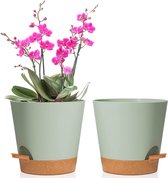 Kunststof bloempot met schotel set van 2, moderne bloempottenset met drainagegat voor orchideeënpot, hydrocultuurpot en kamerplanten, bloempot met irrigatiesysteem, groen