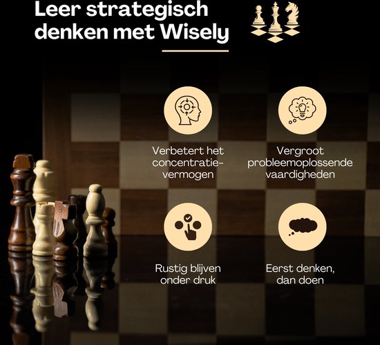 Illustraties die de voordelen van schaken tonen: concentratie, probleemoplossing, rust onder druk, en strategisch denken.