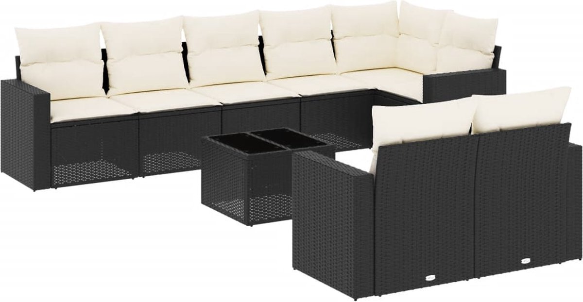 vidaXL 9-delige - Loungeset - met - kussens - poly - rattan - zwart