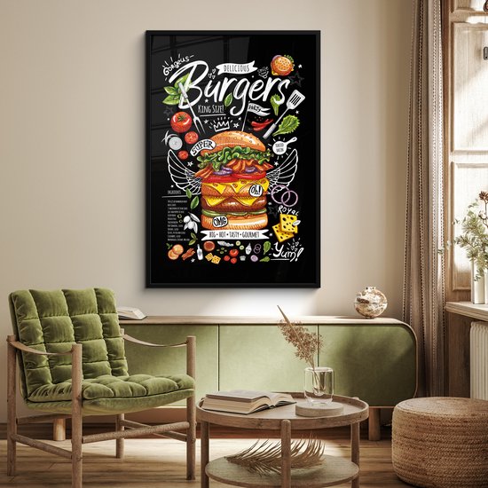 Fotolijst inclusief poster - Posterlijst 80x120 cm - Posters - Hamburger - Menu - Kleurrijk - Doodle - Tekstbord - Foto in lijst - Keuken decoratie muur - Wanddecoratie accessoires - Muurdecoratie - Schilderijen